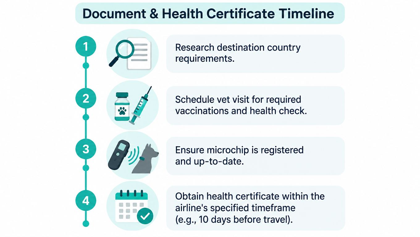 A step-by-step timeline graphic illustrating the process of obtaining health documents for international pet travel.