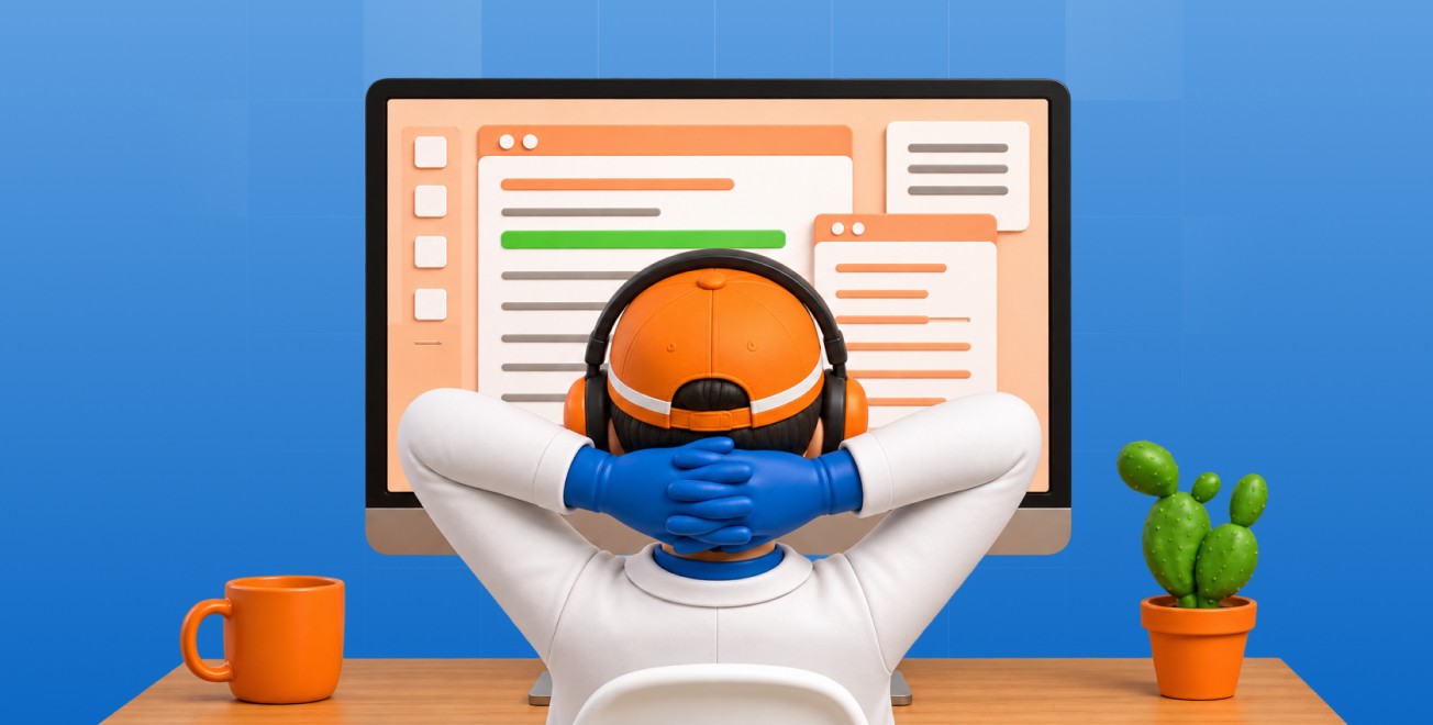 Pharma mascot sitting front of screen