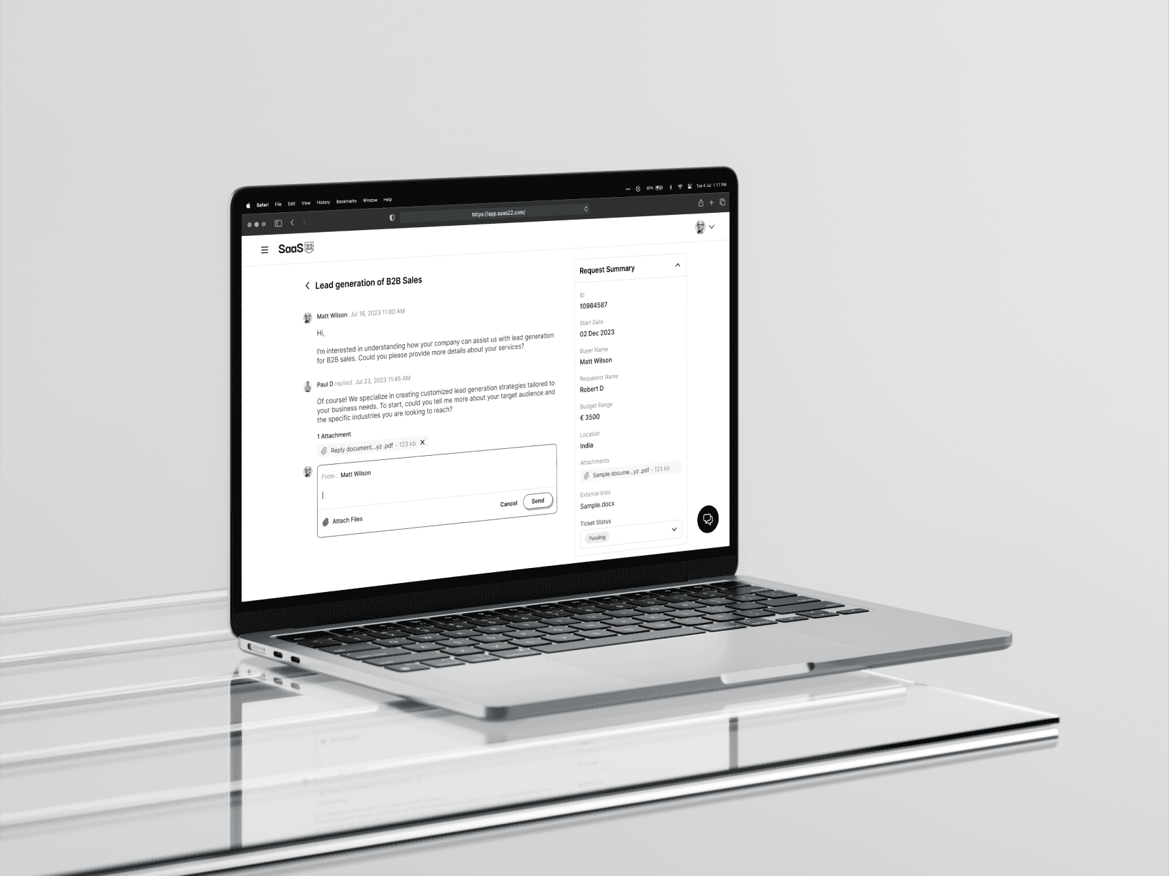 SaaS app interface showing conversation thread for B2B sales lead generation on a laptop