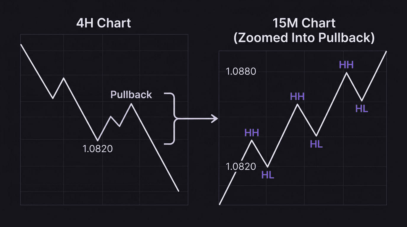 Diagram showing how a 4-hour pullback contains a full 15-minute uptrend illustrating price fractality
