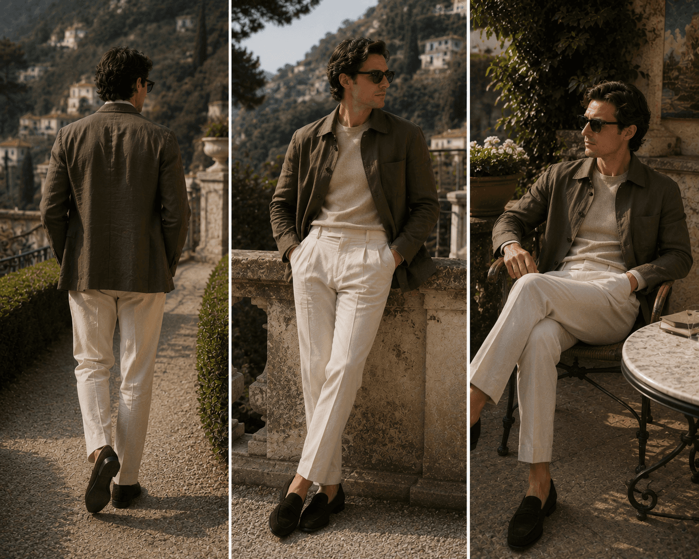 A three-panel full-body fashion lookbook featuring a male model in a casual refined outfit set on a Mediterranean villa terrace. He wears an olive green linen overshirt jacket over a light beige knit crewneck sweater, high-waisted pleated cream trousers, dark brown suede loafers, and dark sunglasses. The left panel shows a rear view as he walks along a stone path framed by hedges. The middle panel captures a front view as he leans against a stone balustrade. The right panel shows him seated in a woven chair at an outdoor marble table overlooking the hillside scenery.