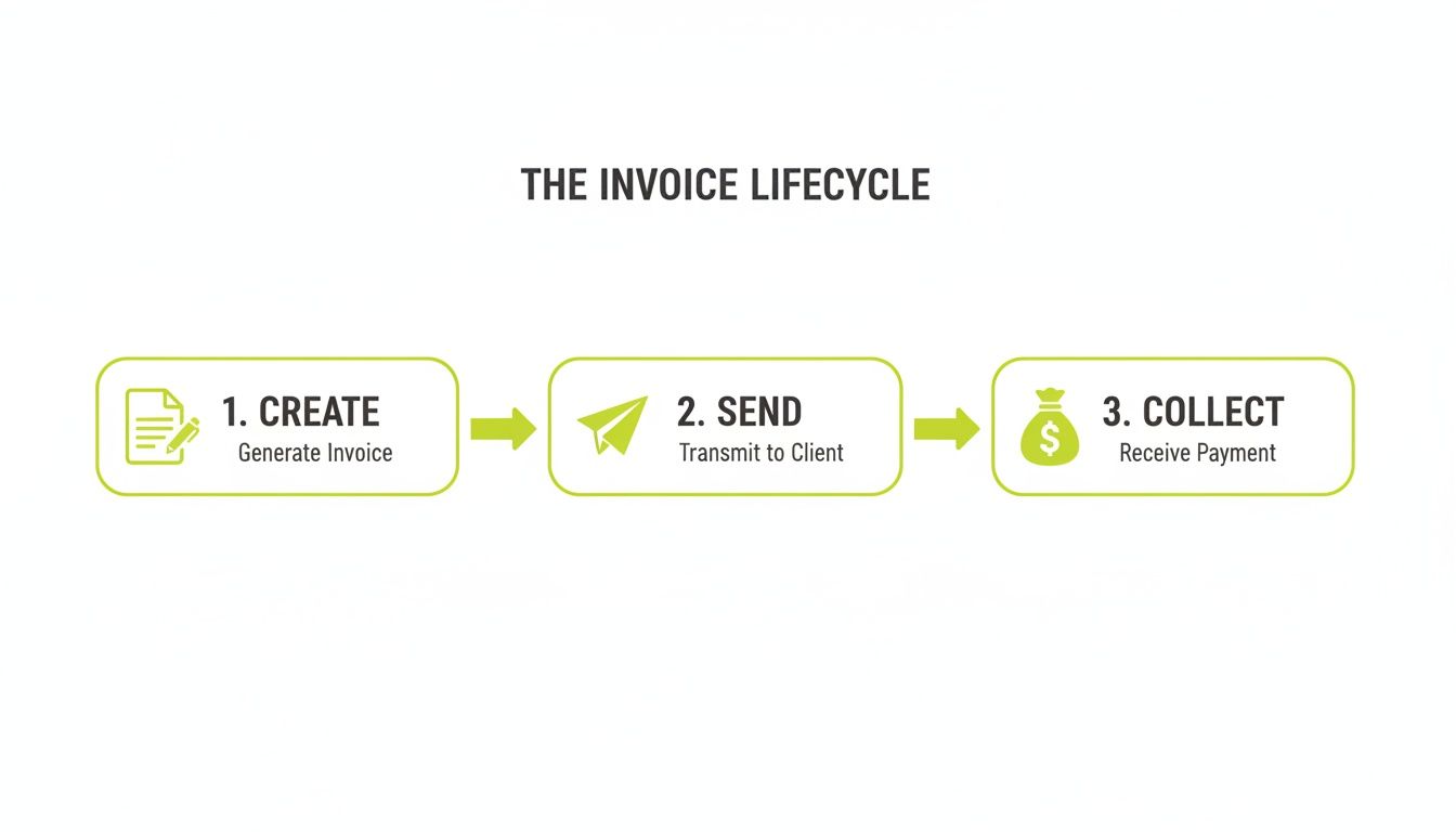 Diagram illustrating the three-step invoice lifecycle: create, send, and collect payment with icons.