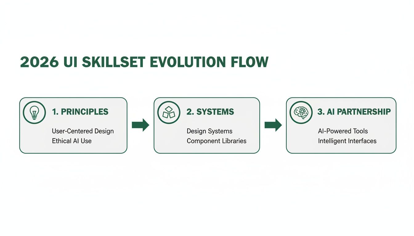 Flowchart illustrating the 2026 UI skillset evolution through principles, systems, and AI partnership stages.