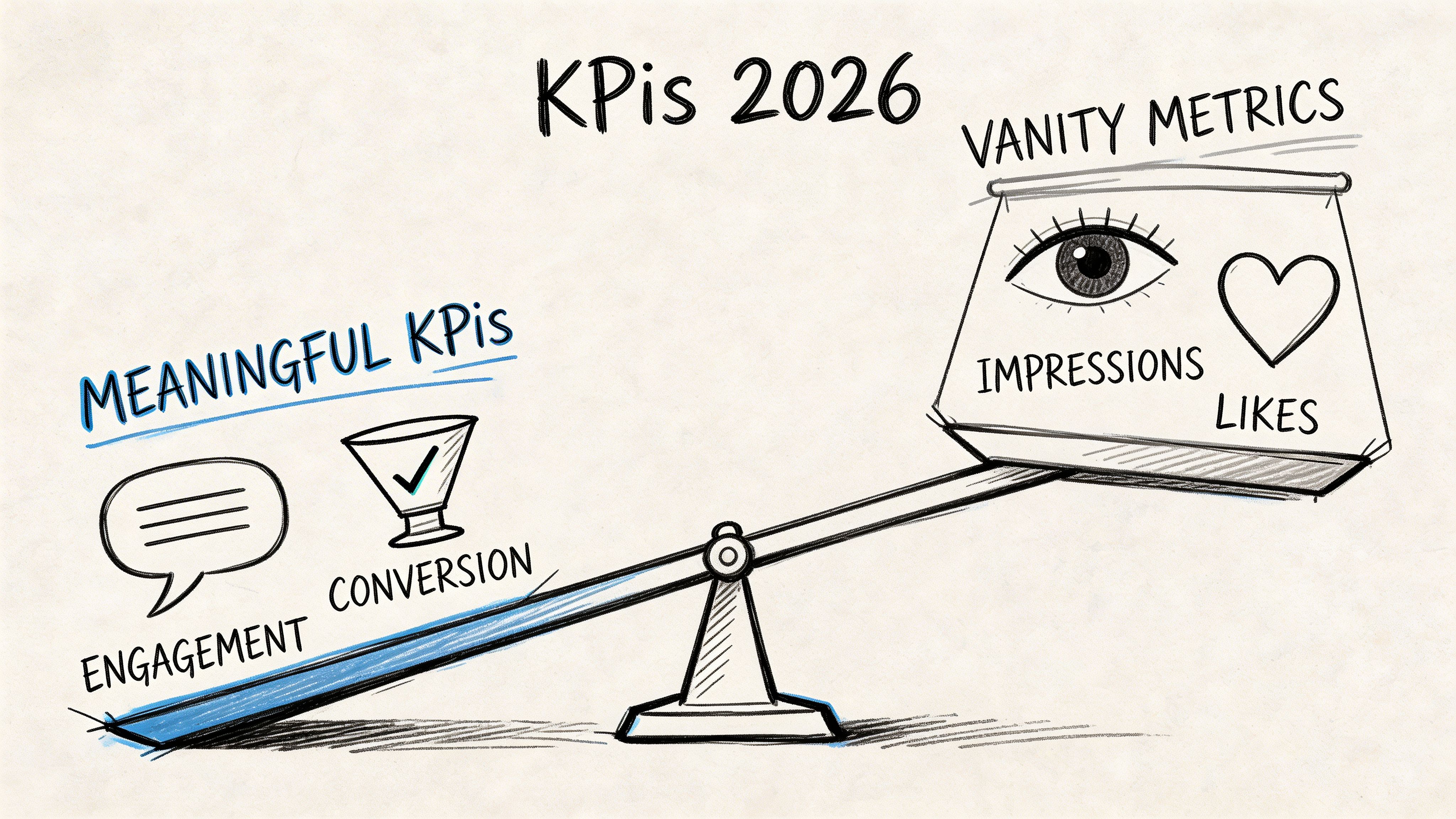 A hand-drawn illustration showing a seesaw balancing meaningful KPIs like engagement and conversion against vanity metrics.