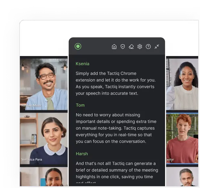 Screenshot of the Tactiq meeting transcription interface showing a Google Meet window with live captions. A Tactiq sidebar on the right displays automatically captured meeting notes, key quotes, and timestamps organized for easy reference.