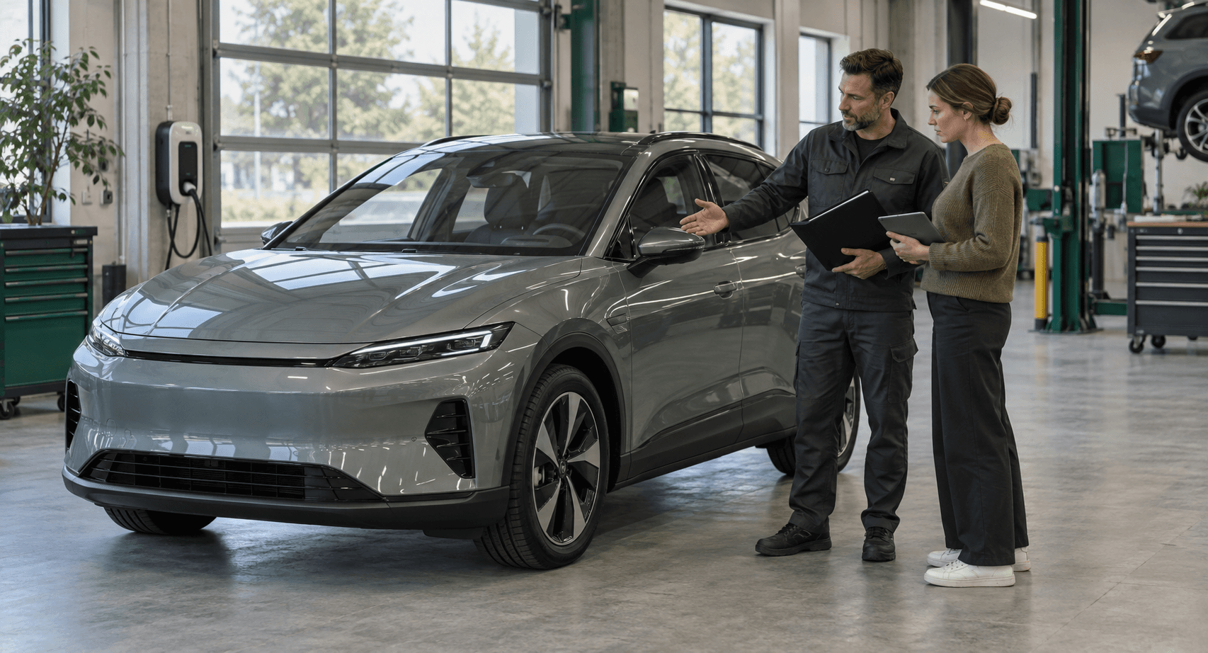 Ein Techniker und eine Fuhrparkverantwortliche besprechen ein Fahrzeug in der Werkstatt.