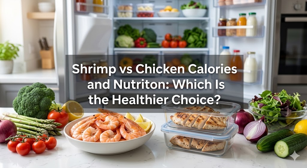 A side-by-side food comparison infographic on a kitchen counter featuring a bowl of cooked shrimp and glass meal prep containers with grilled chicken. The background shows an open, fully stocked refrigerator. Text overlay reads: "Shrimp vs Chicken Calories and Nutrition: Which Is the Healthier Choice?".