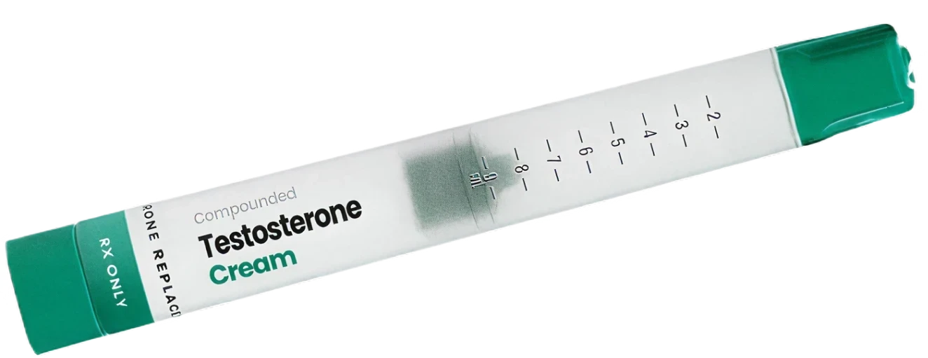 Tube of Henry brand Testosterone Cream with green plunger at the top marked with 2-8.