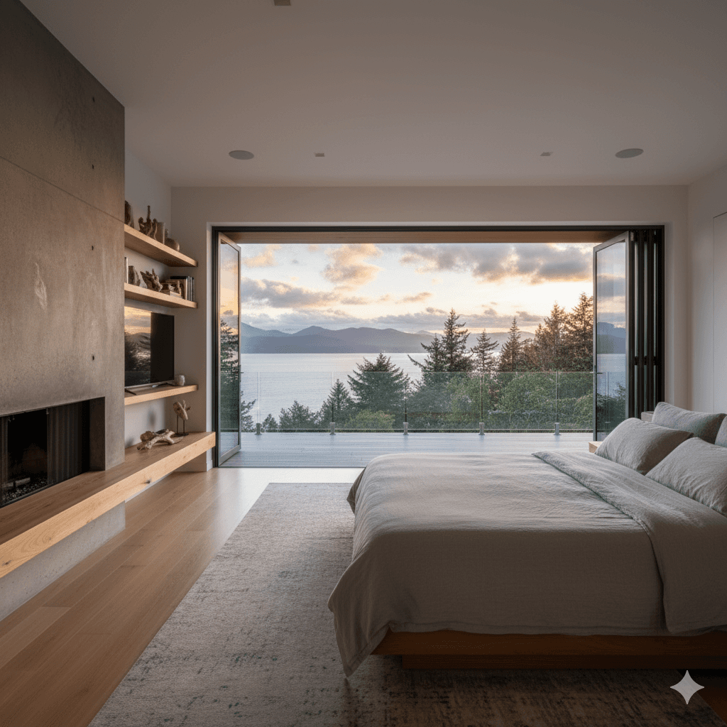 Modern two-story home with large glass windows, warmly lit interiors, and a balcony. Surrounded by trees and a manicured lawn at dusk. Cozy ambiance.