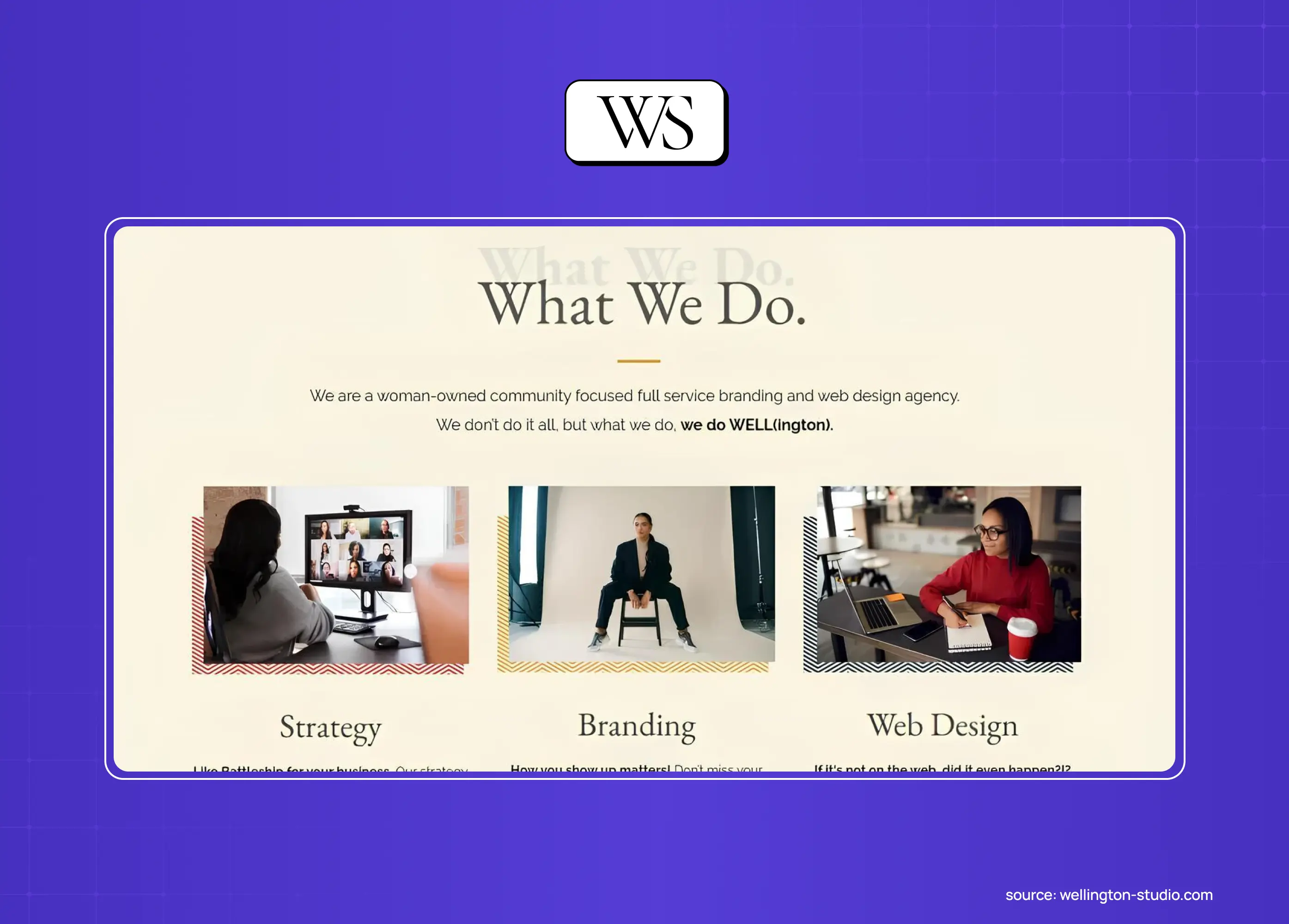 Wellington Studio's What We Do page listing its strategy, branding and web design services in Oakland
