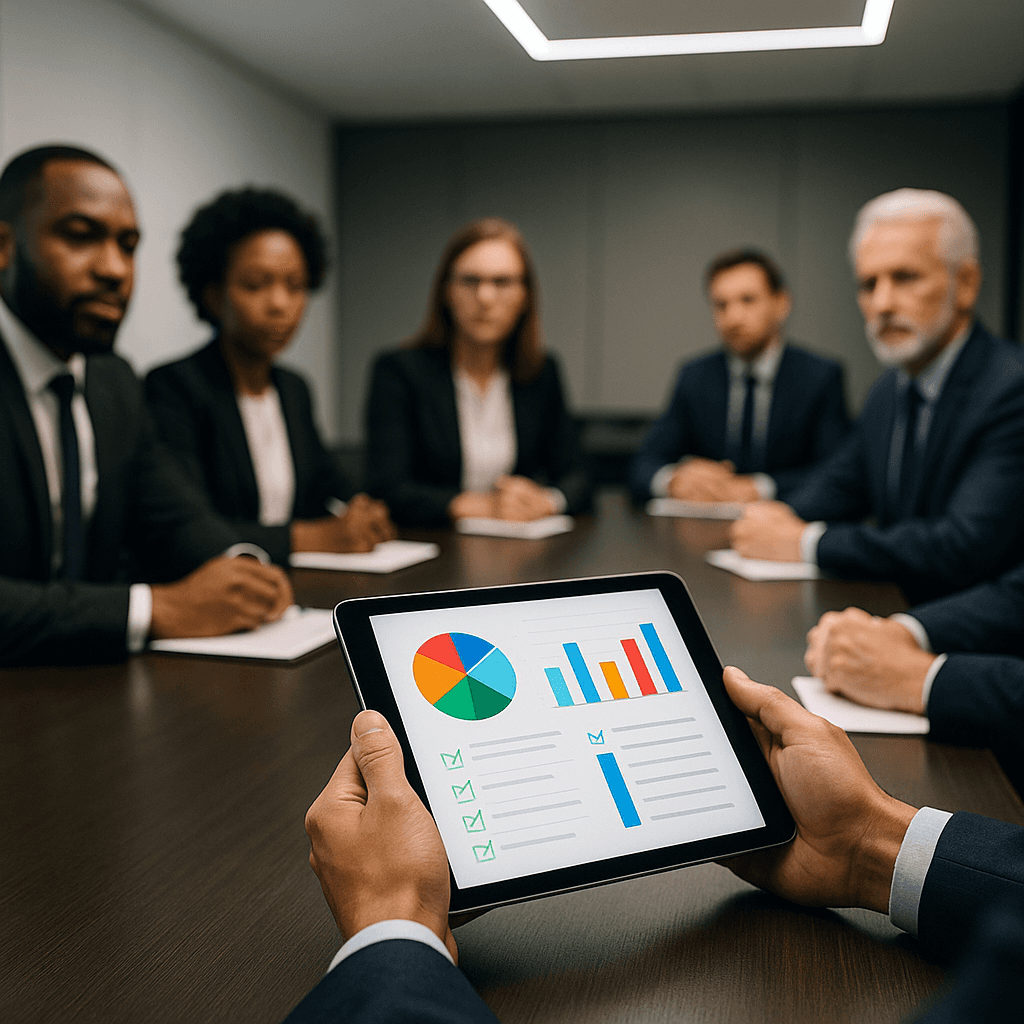 Professionals reviewing EU AI Act risk charts on tablet