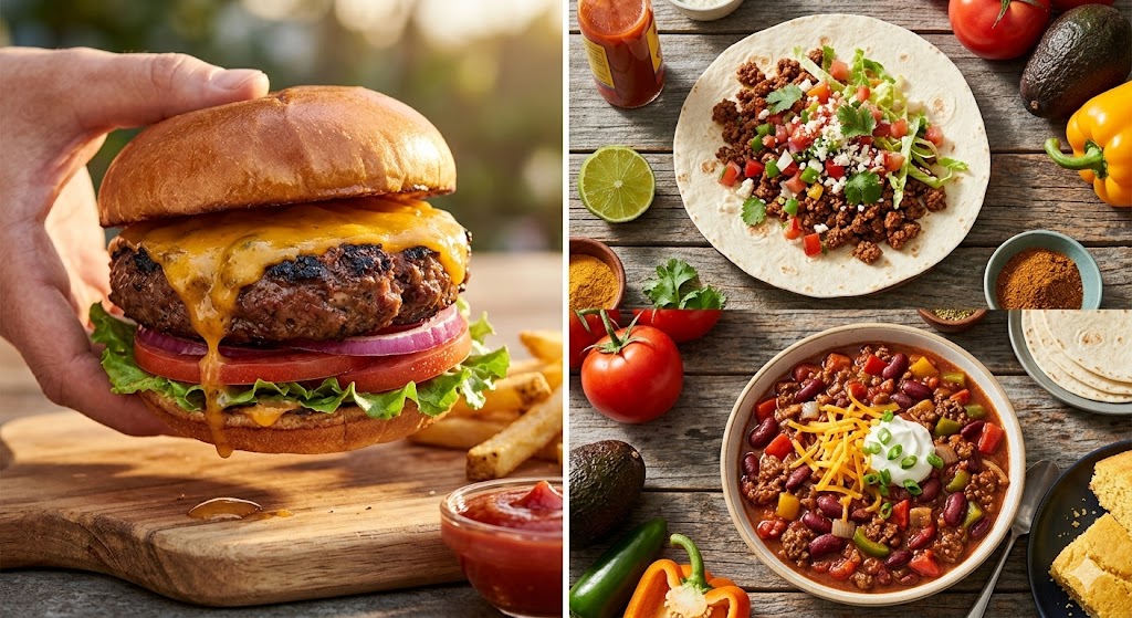 A split culinary comparison photo demonstrating the differences between 90/10 and 93/7 ground beef, featuring a juicy hamburger made from 90/10 beef on the left and various ground beef dishes including tacos and chili made from 93/7 beef on the right, surrounded by colorful fresh ingredients.