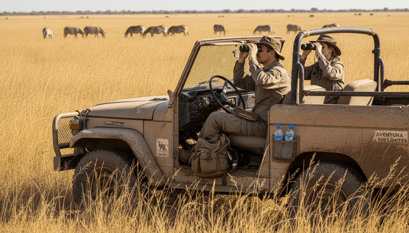 Una pareja disfruta de la observación de animales salvajes durante un safari en Namibia.