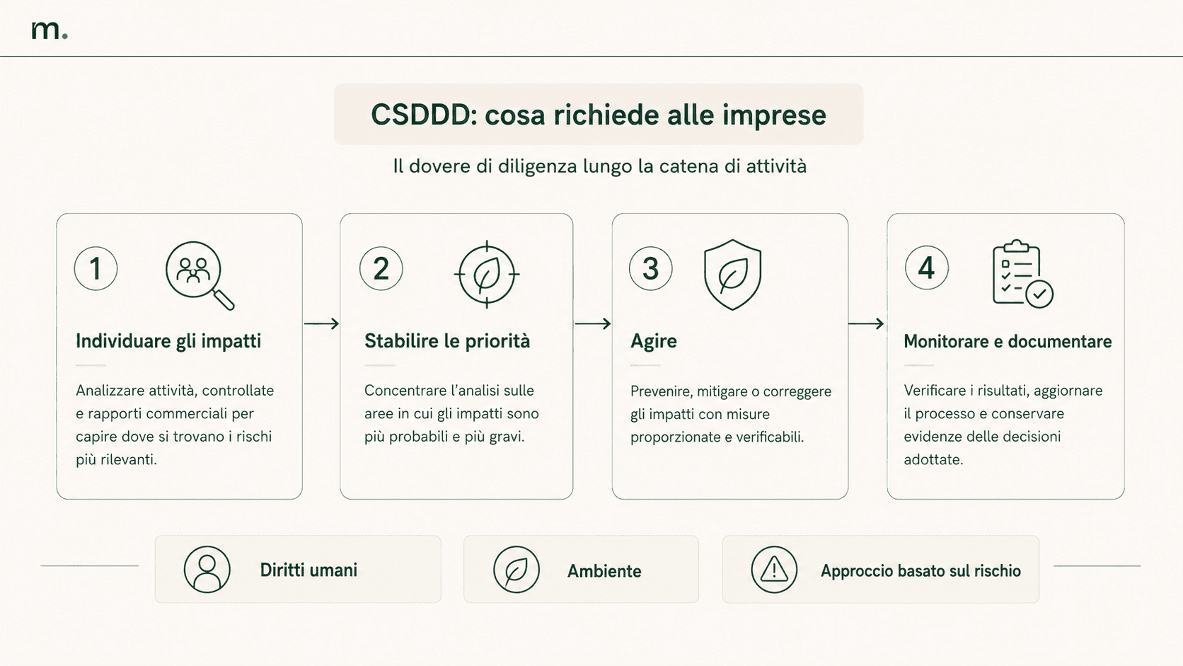 Infografica sul processo CSDDD in quattro fasi: identificazione degli impatti, definizione delle priorità, azione e monitoraggio.