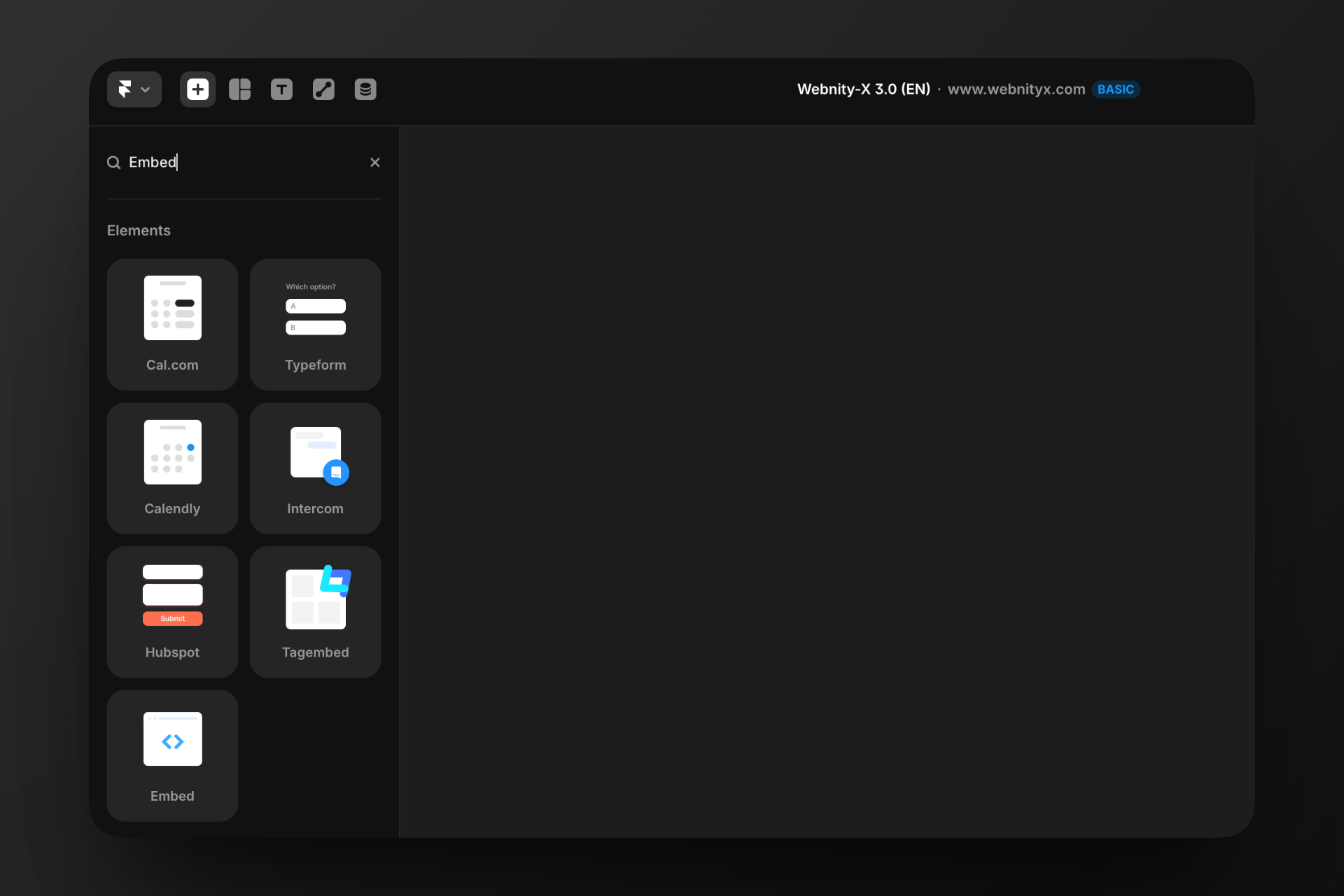 Framer editor screenshot displaying available Embed elements including Cal com, Typeform, Calendly, Intercom, Hubspot and Tagembed.