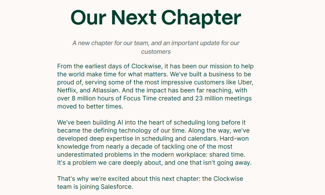 A screenshot of the new Clockwise homepage stating they are shutting operations