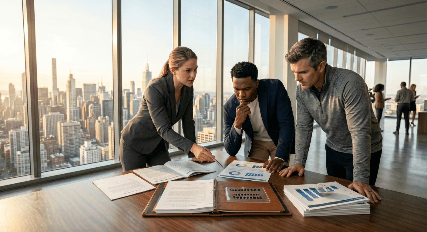 Athletes and a manager in an office