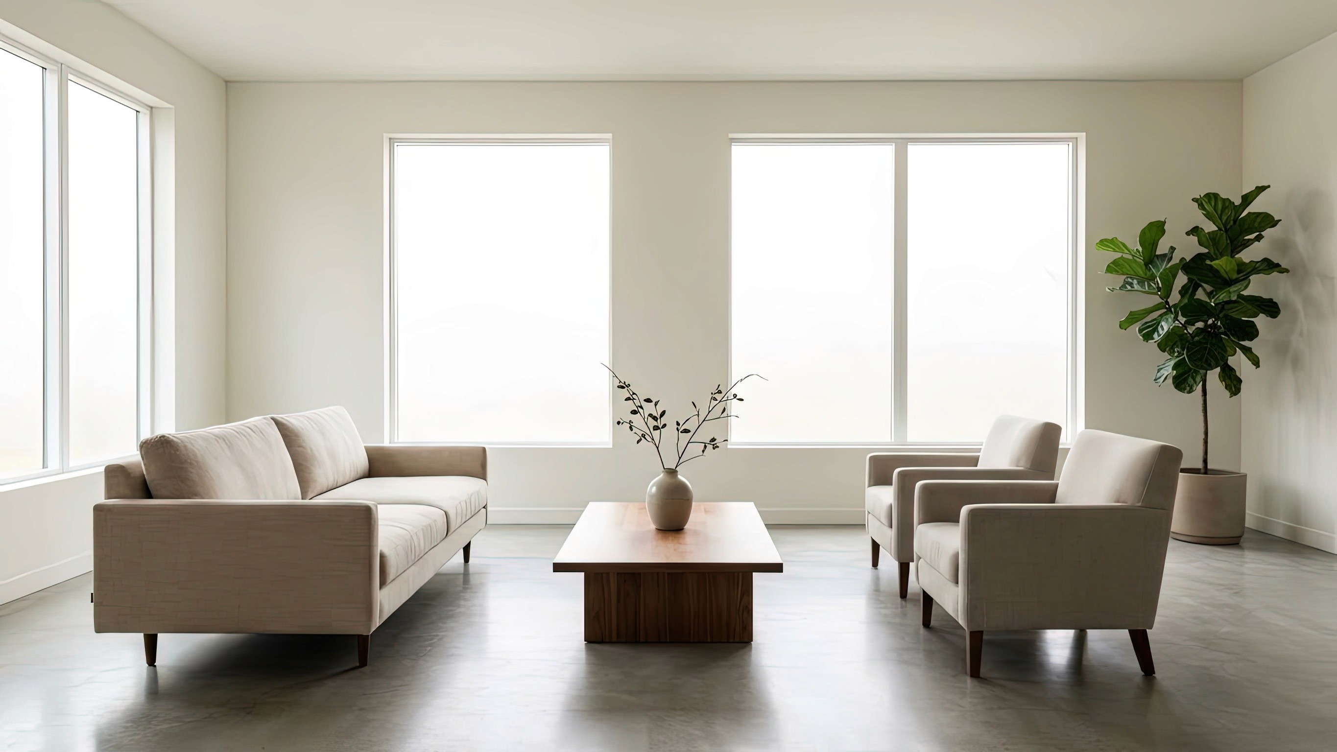 modern open lounge with palm trees outside