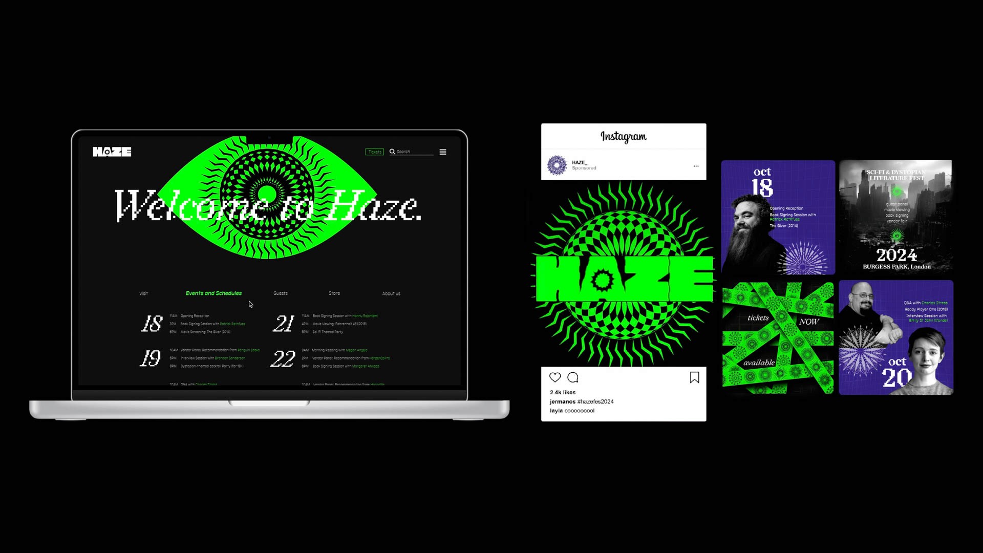 Green typographic posters for a festival called HAZE