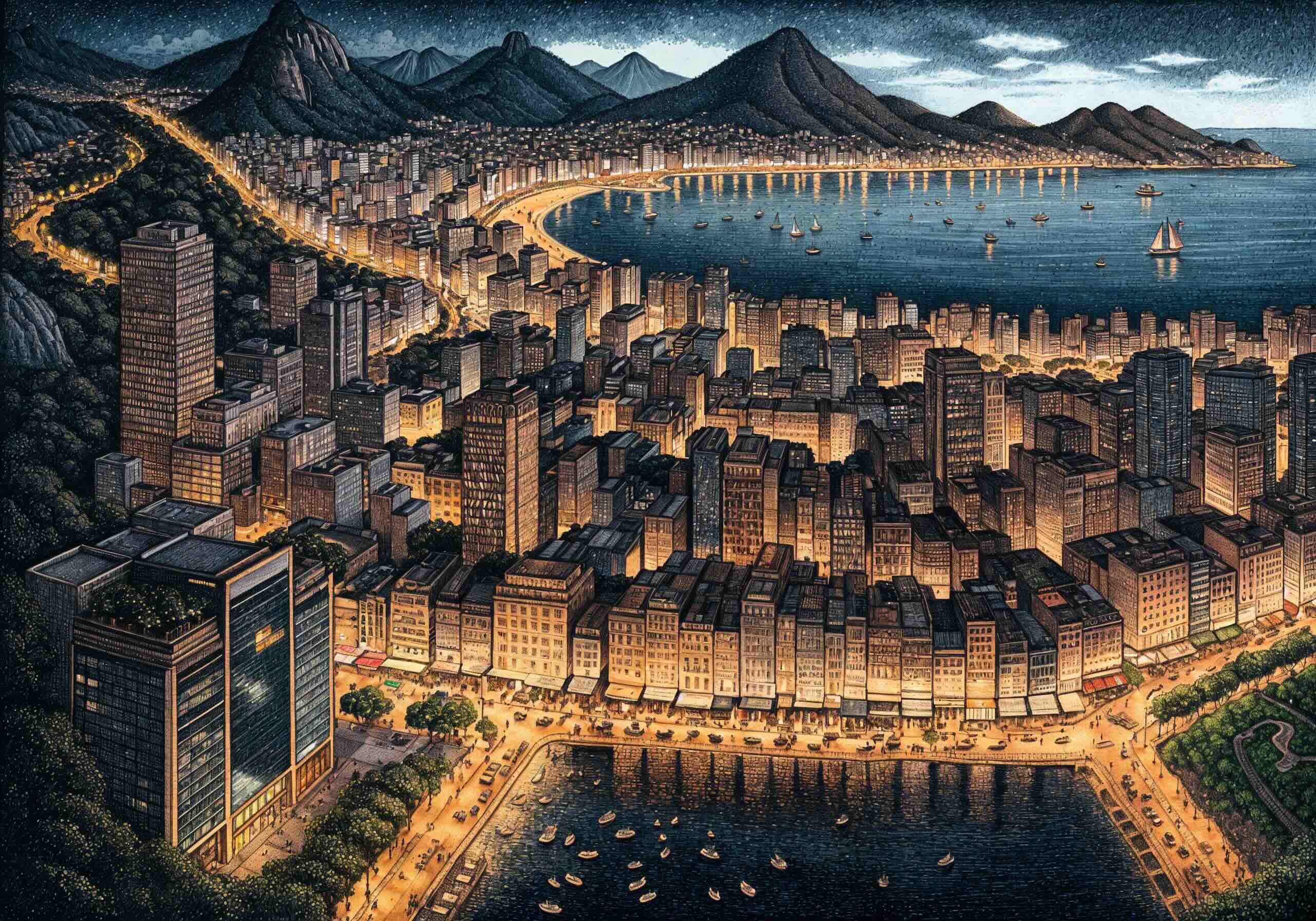 A detailed illustration of Rio de Janeiro at night, featuring illuminated city buildings, a curving coastline, mountains in the background, and boats scattered across the bay.