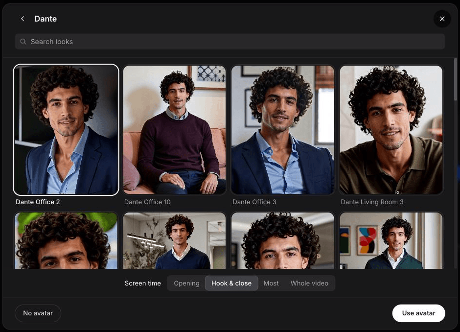 Choosing the AI avatar's look and how much of the video it appears in