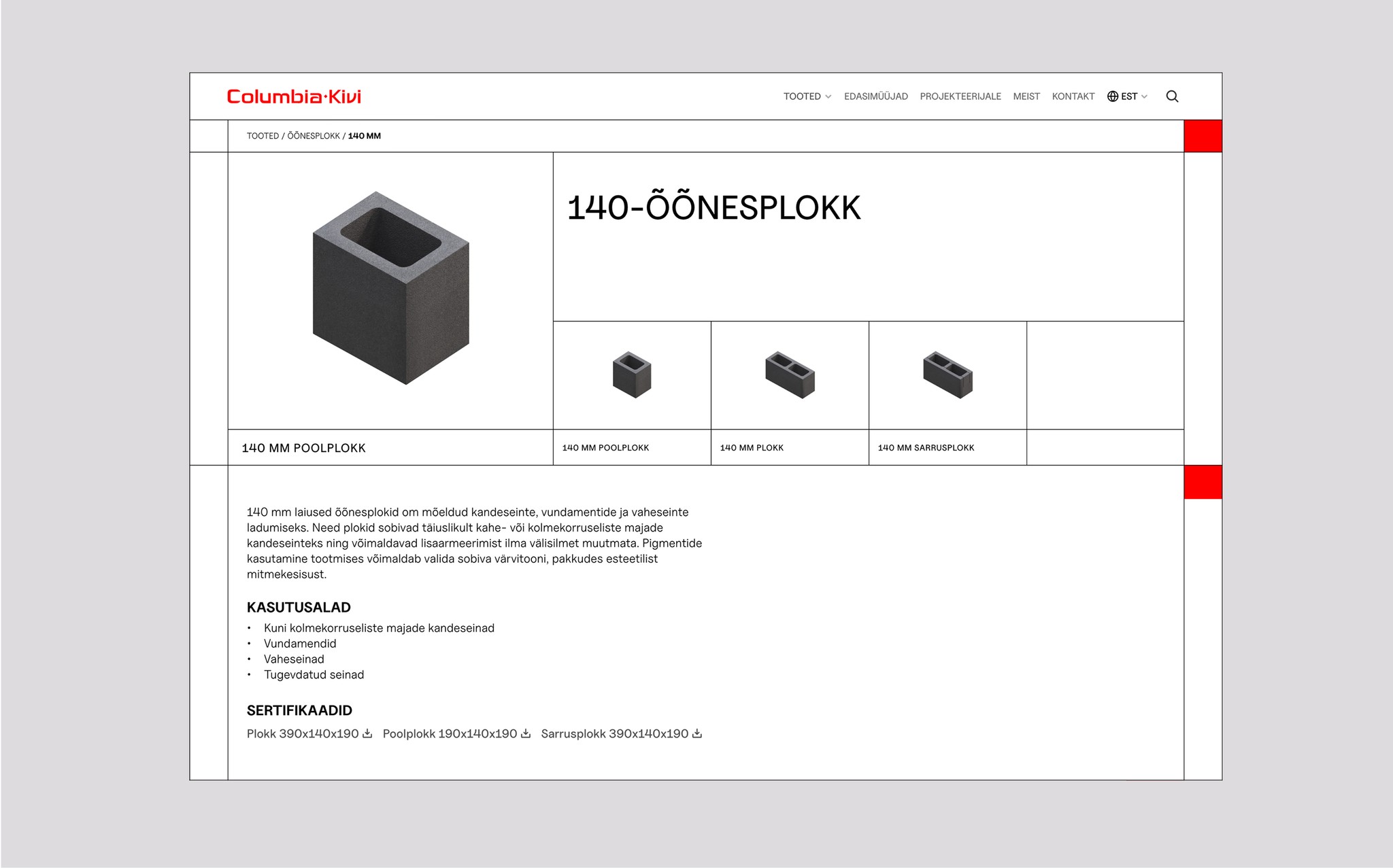 Masonary products desktop web page on a grey backgound.
