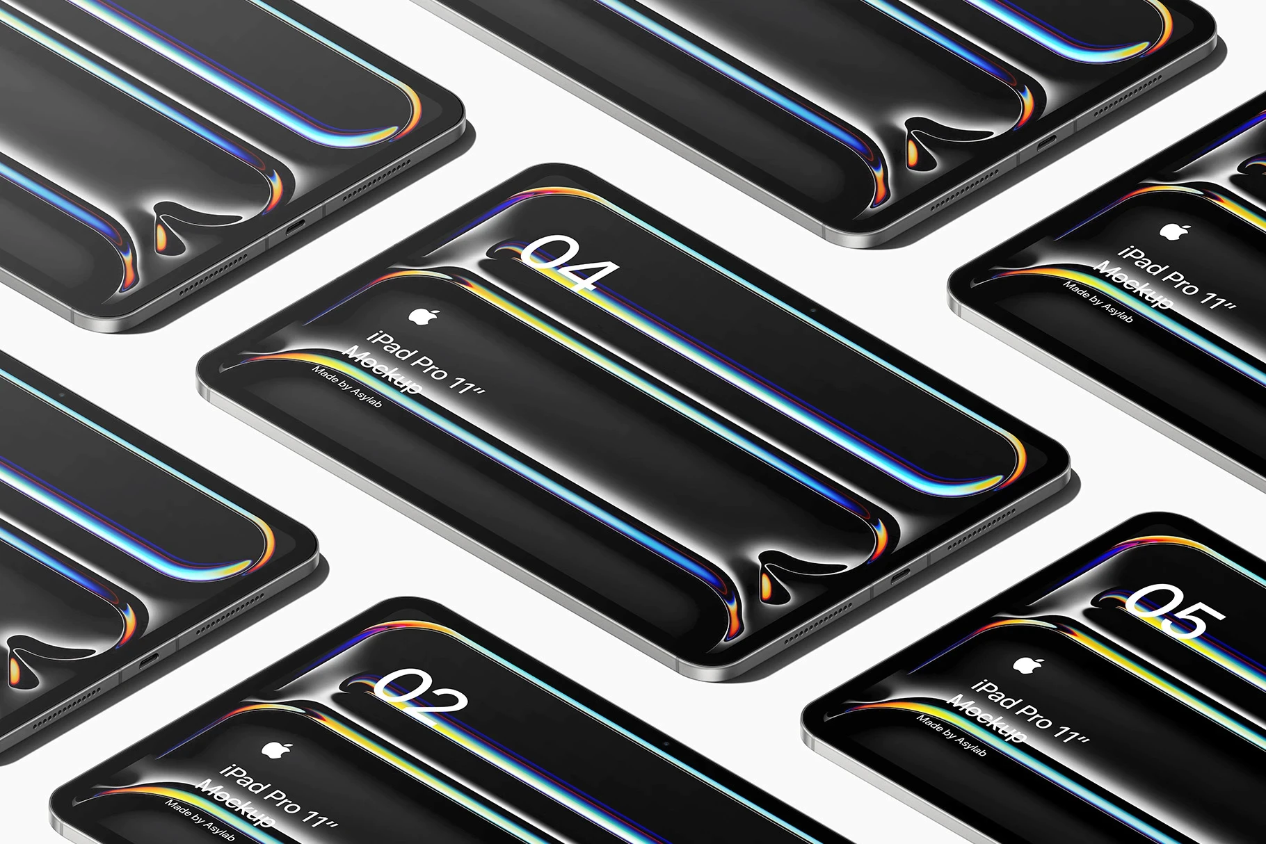 iPad Pro mockup collection with multiple floating devices arranged in a modern product showcase layout.