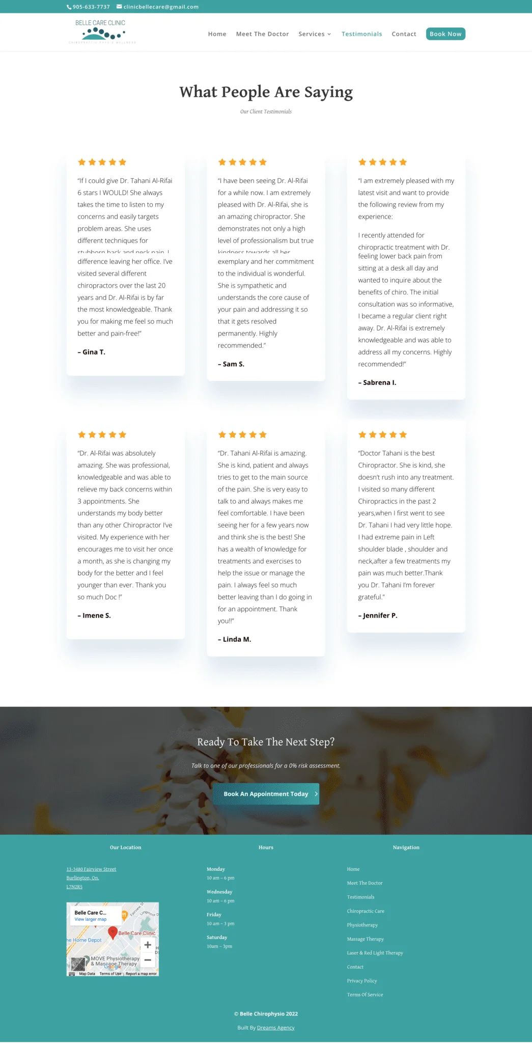 Testimonials page for bellechirophysio website developed & designed by Dreams Agency Mississauga, Ontario