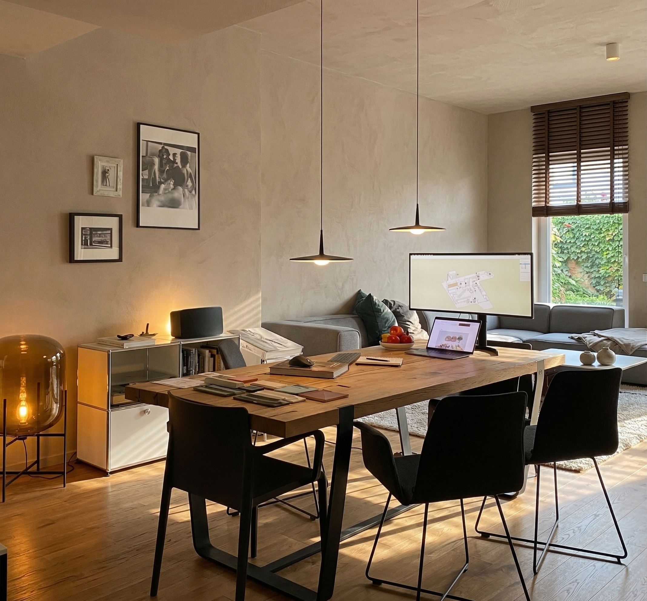 Moodboard of mediterranean materials with Leather, travertine stone, brass and massive oak.