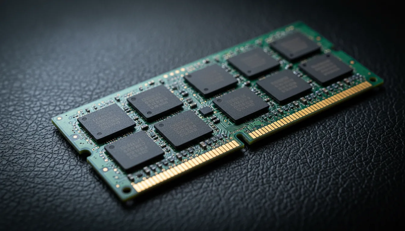 Macro DSLR photograph of a single SODIMM laptop RAM module, positioned diagonally on a dark, subtly textured leather surface. Soft, cool-toned directional lighting with a gentle vignette. The focus is sharp on the green PCB, matte black memory chips with faint technical markings, and intricate circuitry, while the background is softly blurred. The gold-plated contacts at the bottom glow warmly. Technical, moody, and detailed aesthetic.