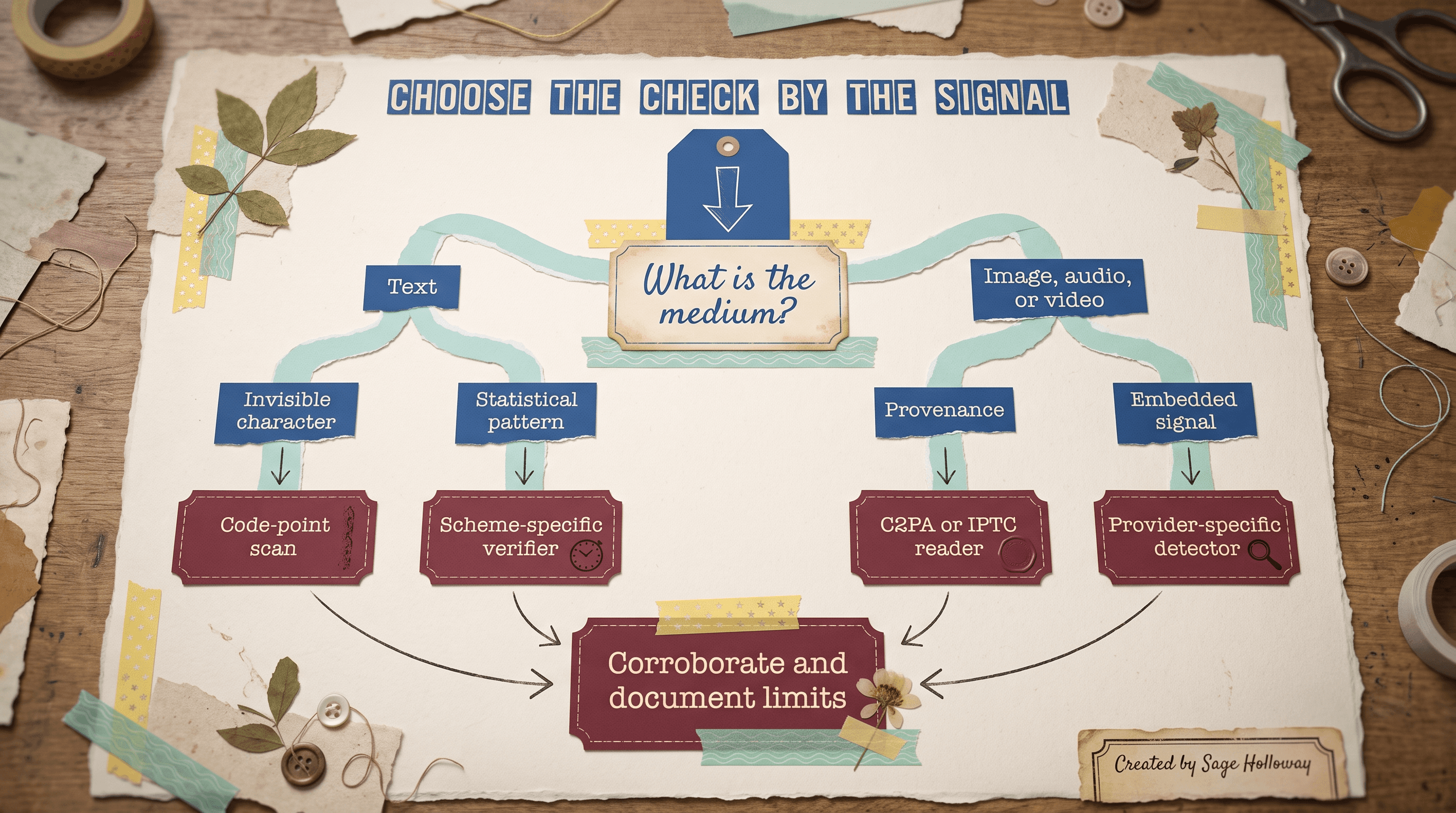 Decision tree for choosing an AI watermark checker by medium and signal