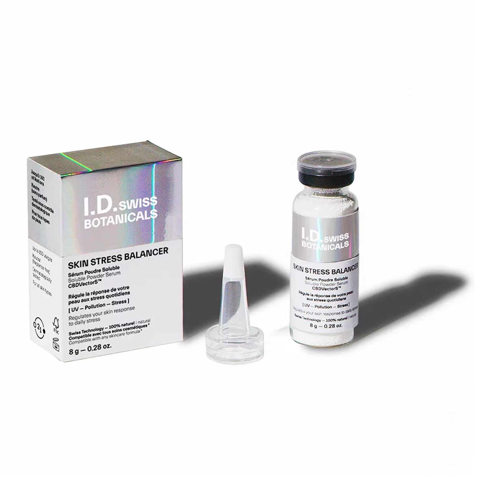 I.D. Swiss Botanicals stress balancer serum and packaging presented in minimal composition highlighting premium cosmetic design