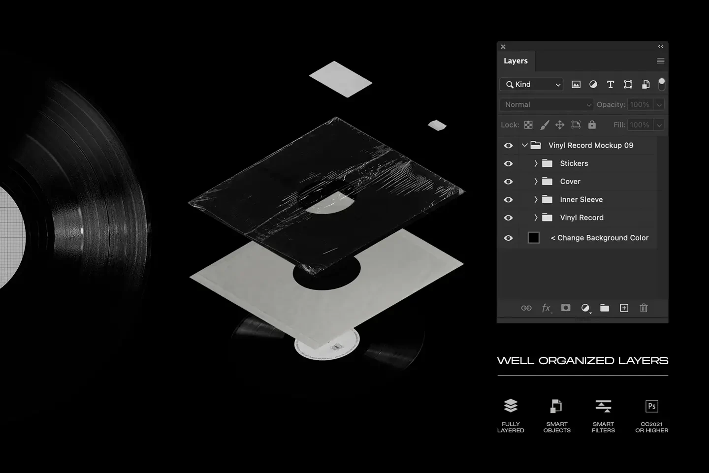 Vinyl record mockup Photoshop template with smart objects and organized layers