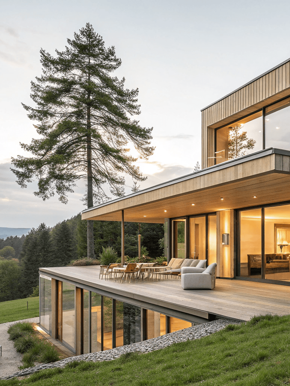 A modern house with large windows, a deck, and a scenic view of trees and hills during sunset.