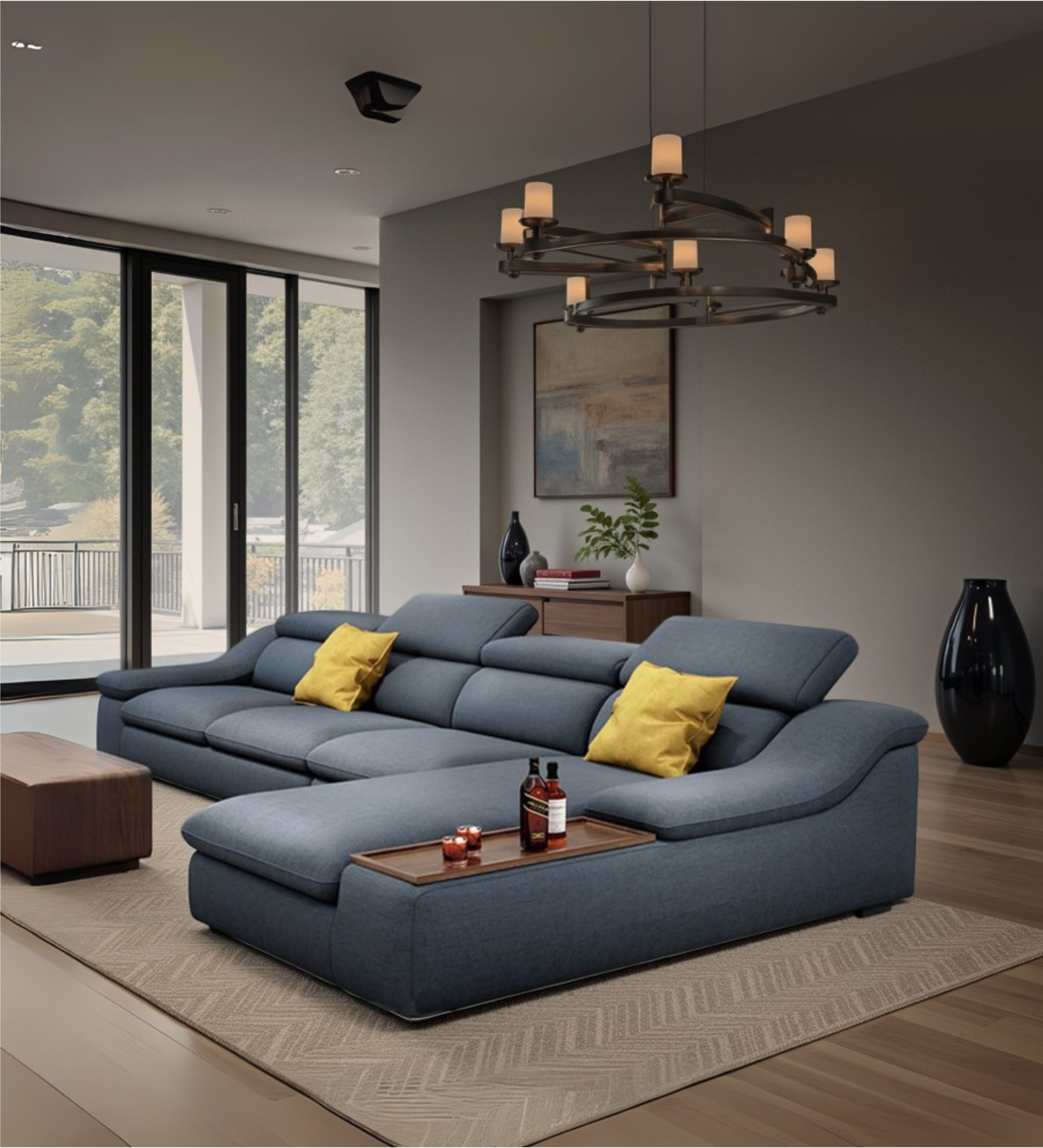 Deep blue curved sofa with generous seating and contemporary lounge appeal
