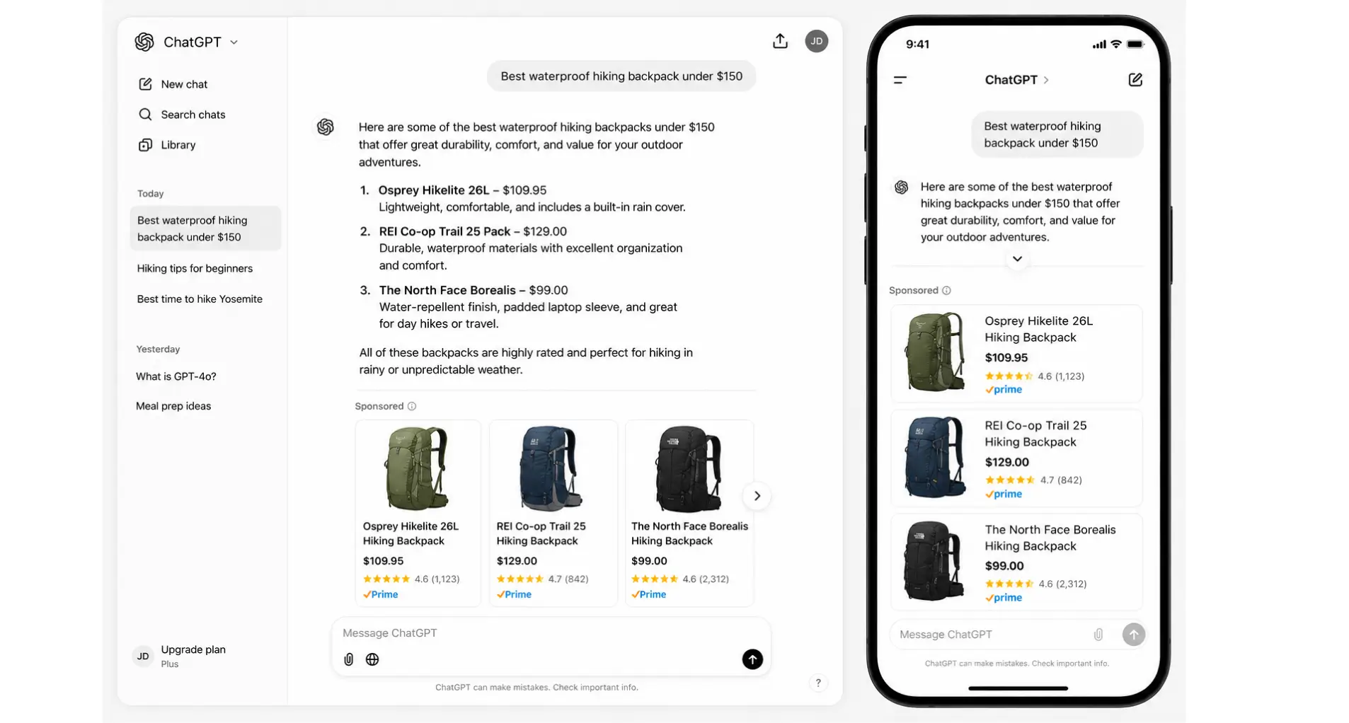 ChatGPT showing waterproof hiking backpack recommendations with sponsored product ad