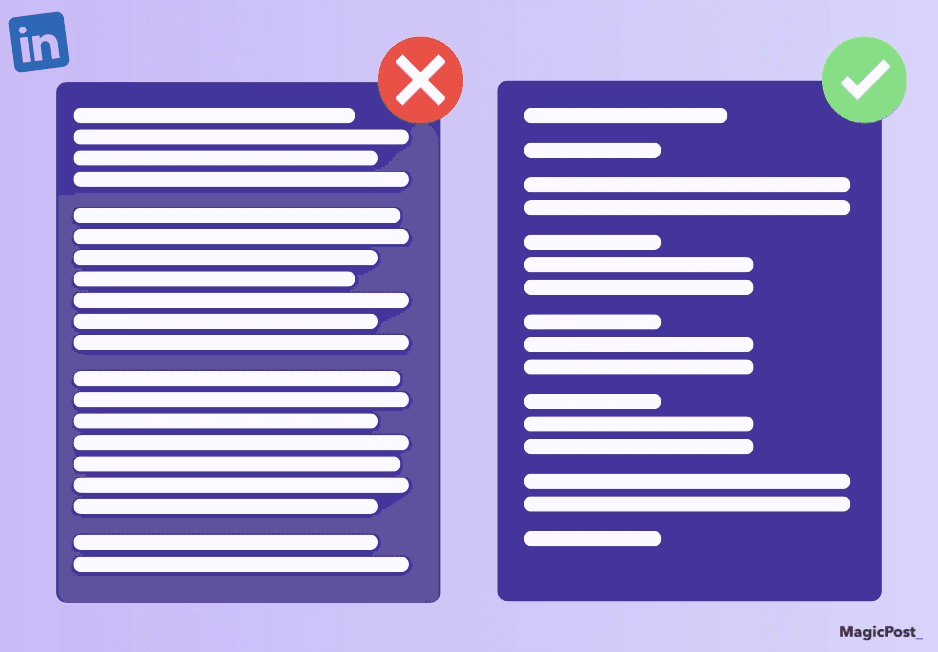 A screenshot comparing two LinkedIn post formatting styles, one where the post is cluttered and hard to read, and the other where the post is readable with good text spacing