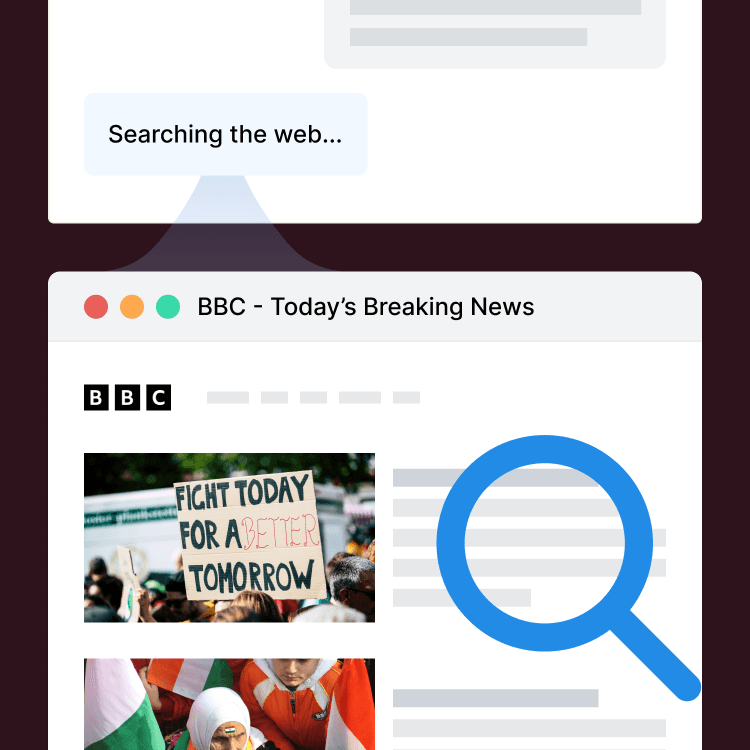 Graphic showing how Flint can search the web for information, including from news sites like the BBC.