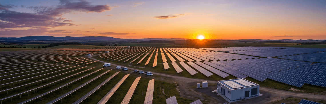 Extensive solar panel field in foreground, modern city skyline at sunset.