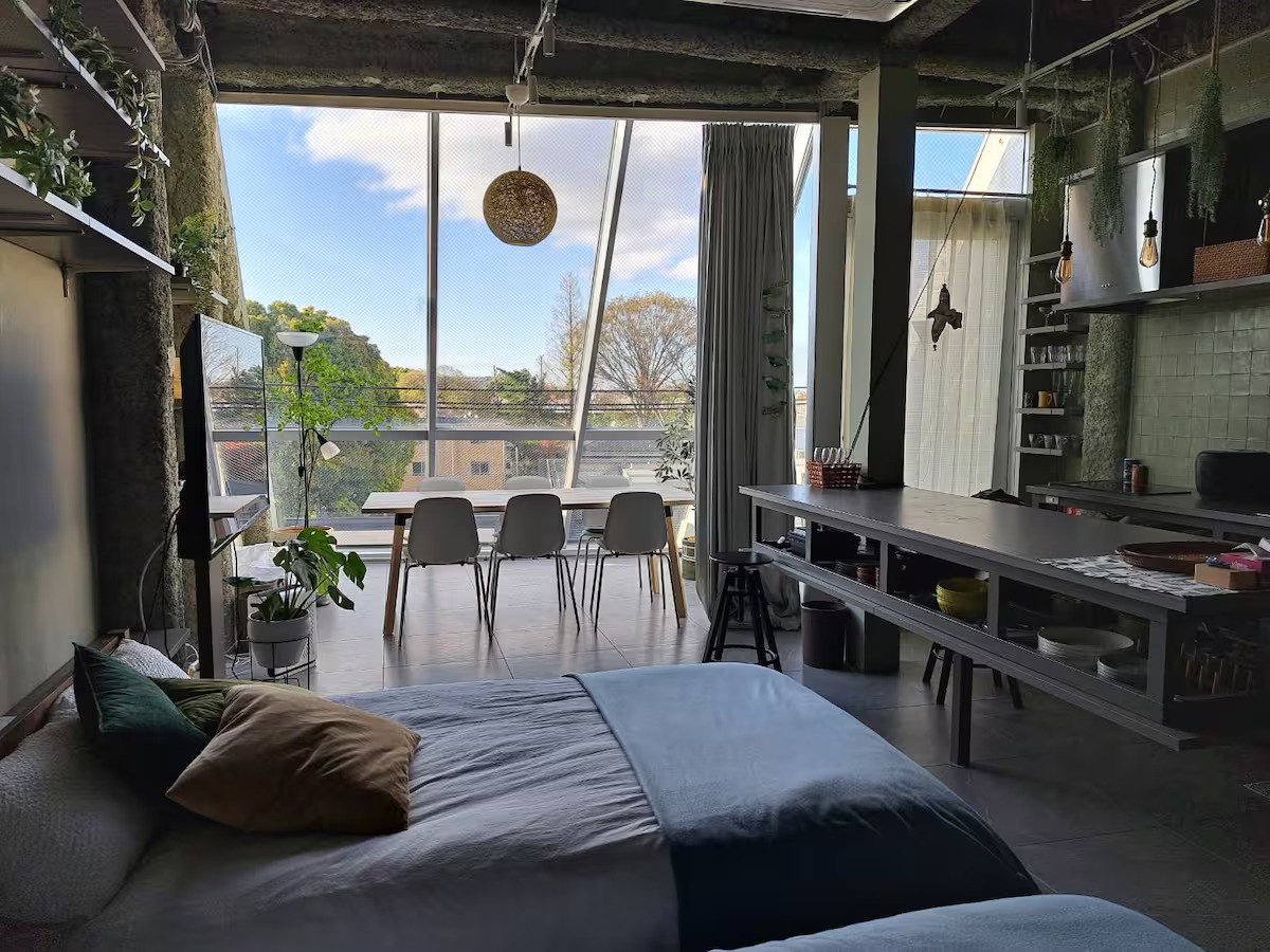 Tokyo Airbnb with oversized windows.