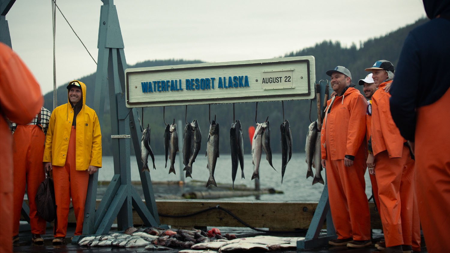 WTADS client Waterfall Resort Alaska fish catch weigh in on dock.