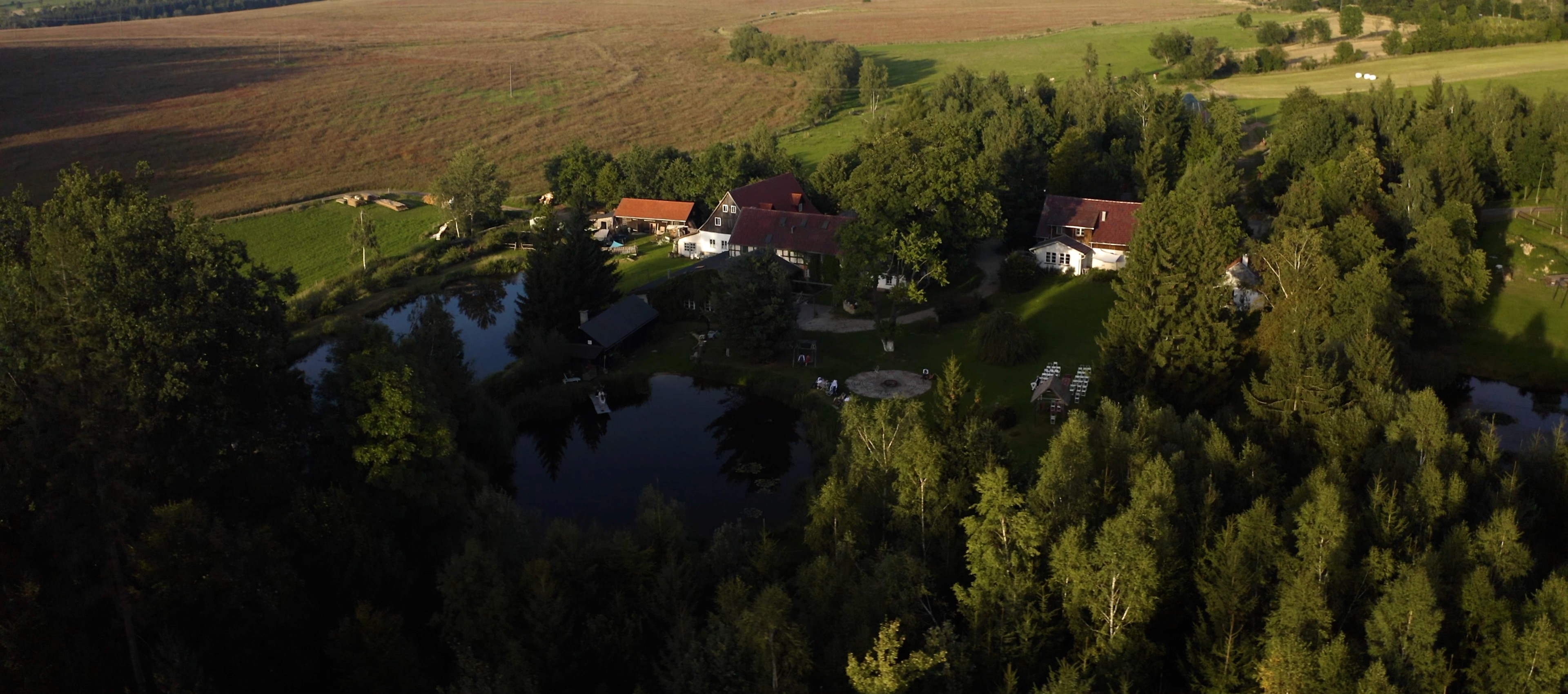 A joyful couple stands back-to-back outdoors.