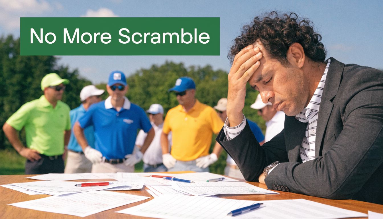 A man in a suit looks stressed while organizing digital golf scorecards with a team in the background.