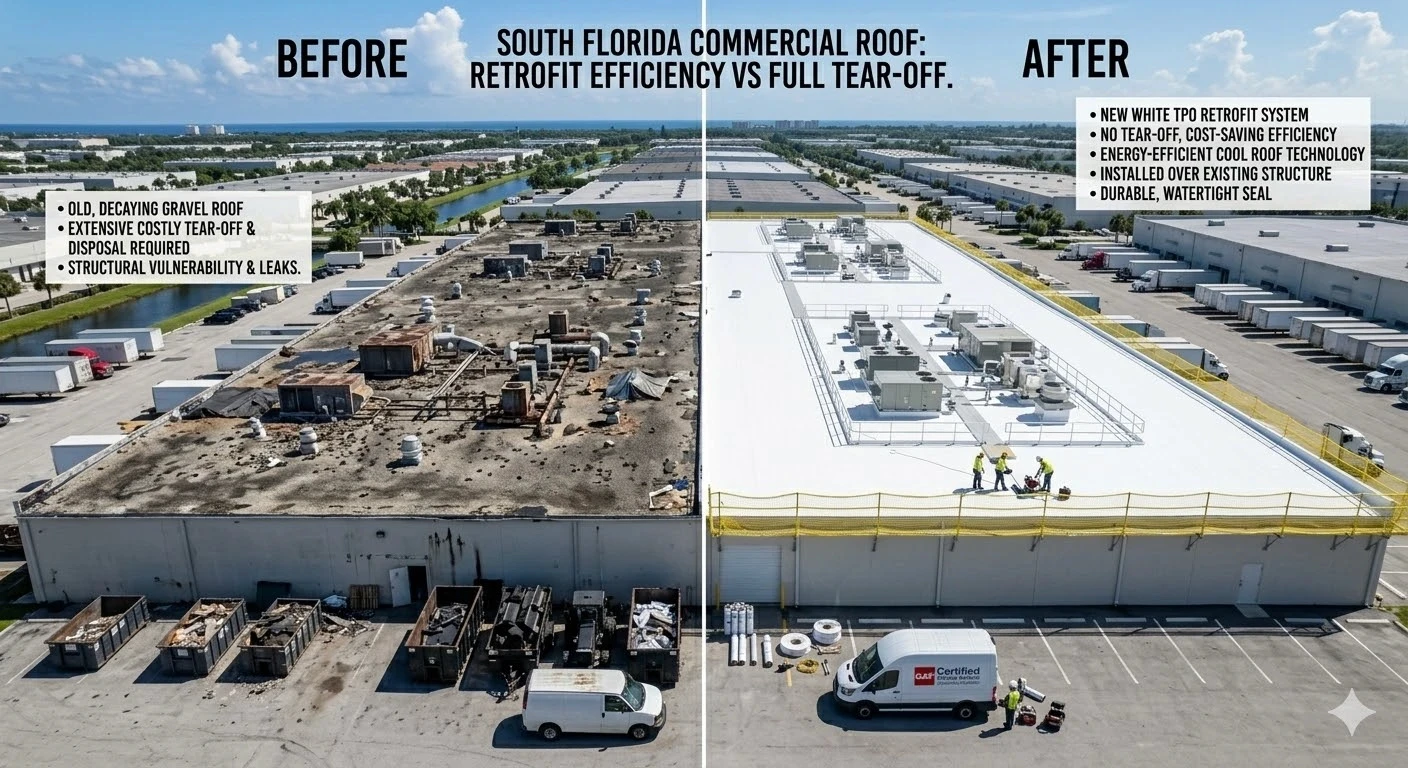 Commercial roof retrofit South Florida — silicone coating system applied over existing membrane on commercial building by Roofing Network