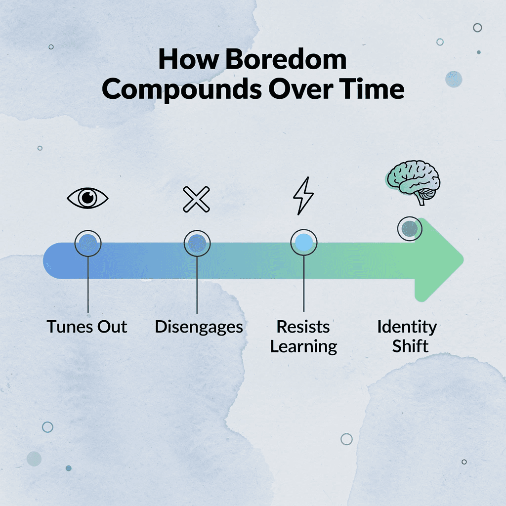 Progression infographic showing how boredom escalates from tuning out to a full identity shift