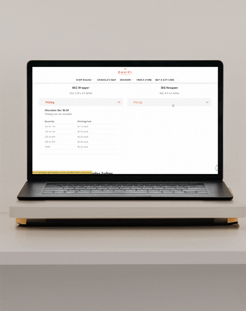 Customized chocolate bars — drop-down price list