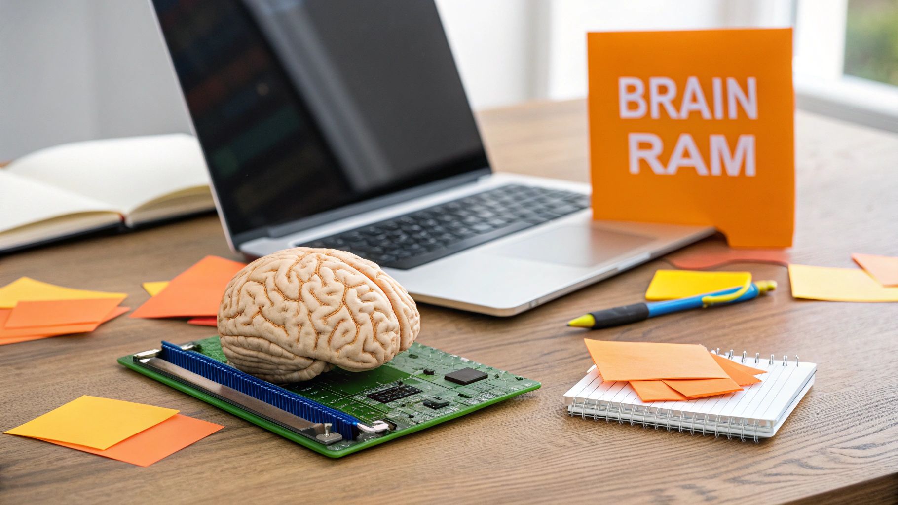A human brain model rests on a circuit board next to a laptop and a 'BRAIN RAM' sign.