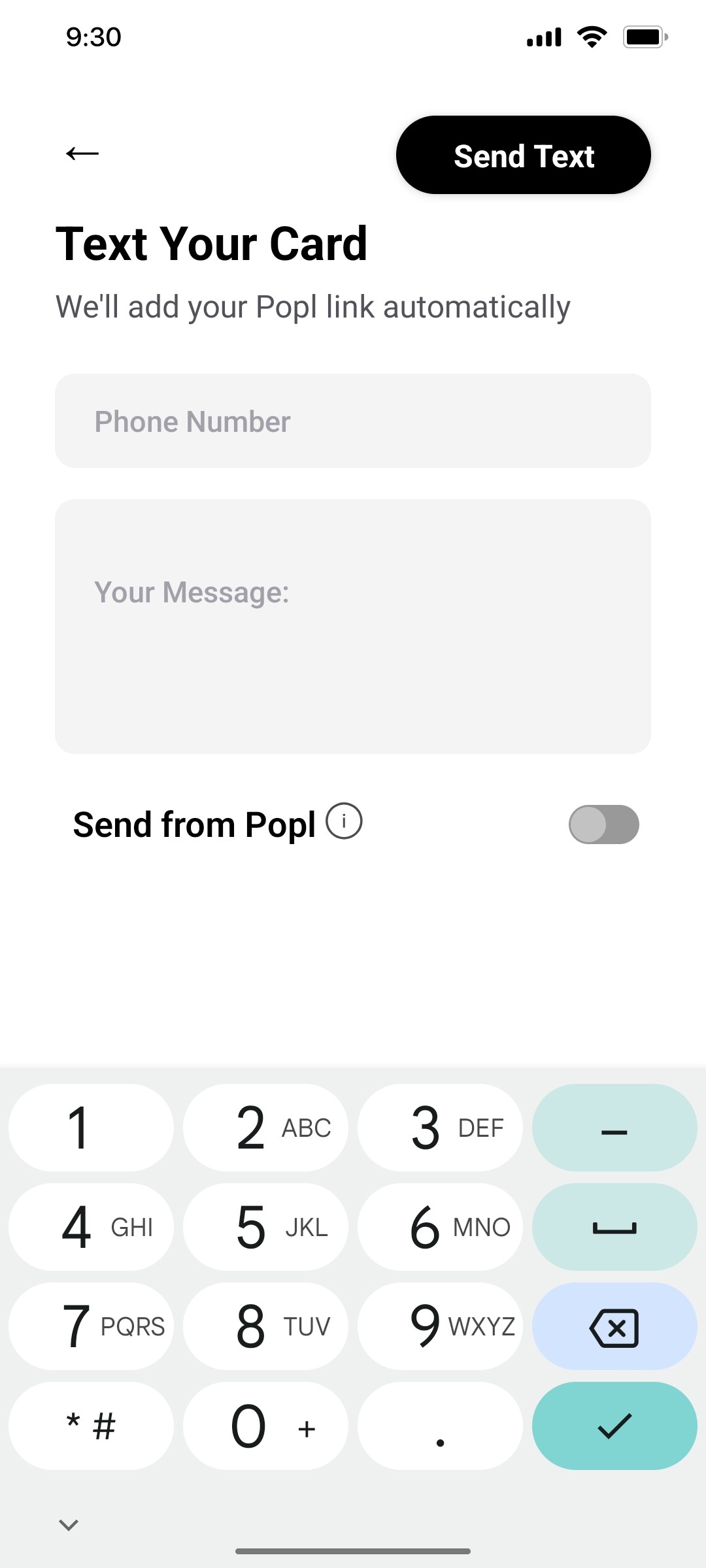 Popl Text Your Card Screen