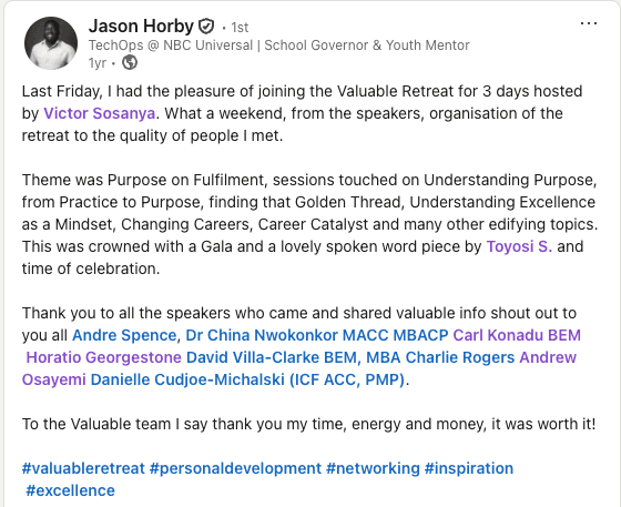 Screenshot of a participant praising the atmosphere at The Valuable Retreat.