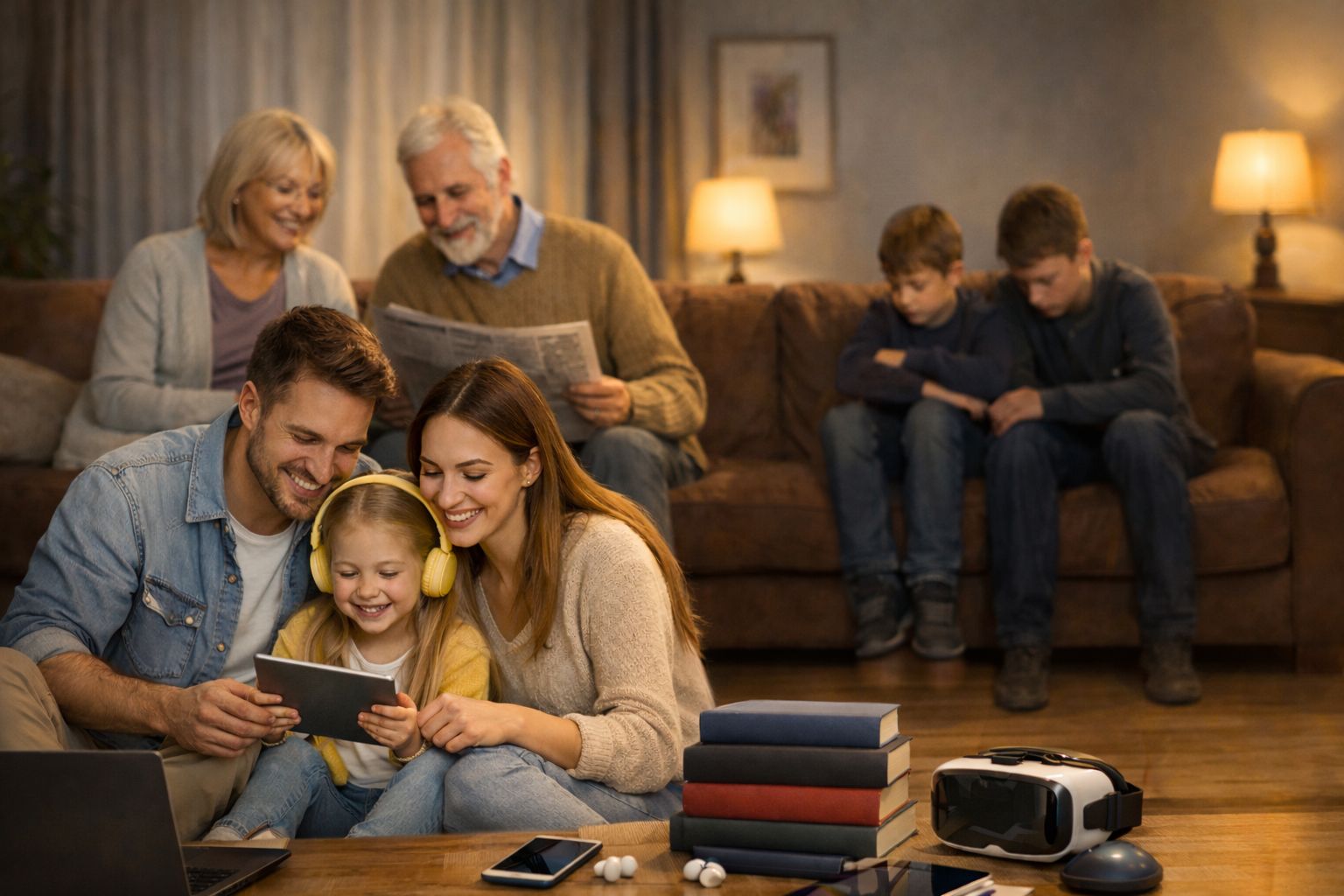 Yeni nesil ebeveynlerle farklı kuşakların ve duygusal olarak uzaklaşmış bir çocuğun yer aldığı çok kuşaklı aile sahnesi.